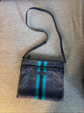 Coach Signature Varsity Stripe Blue Leather Crossbody Bag